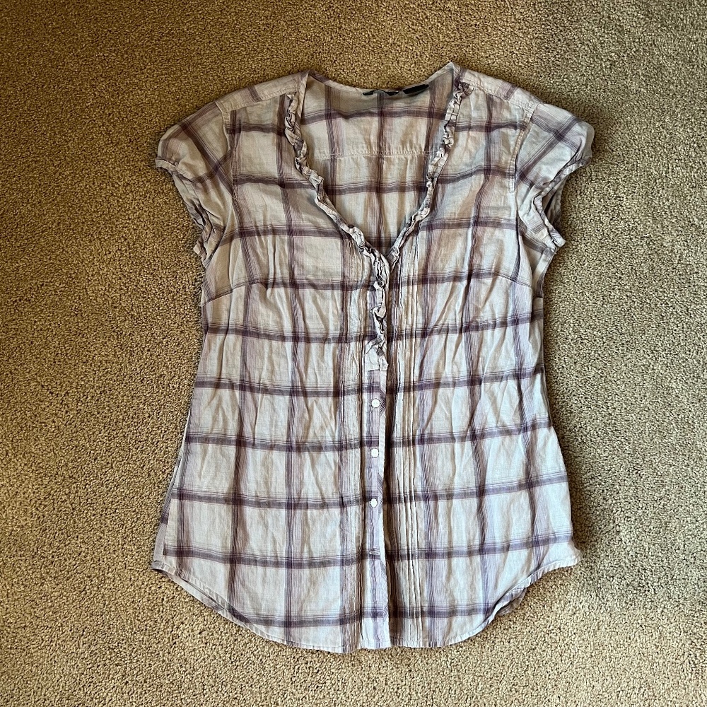 Eddie Bauer Purple Plaid Short Sleeve Button T Shirt Size XS